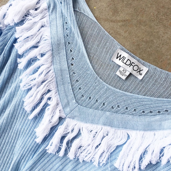 Wildfox Saddle Blue White Fringe Waylon Sweater - Picture 2 of 4
